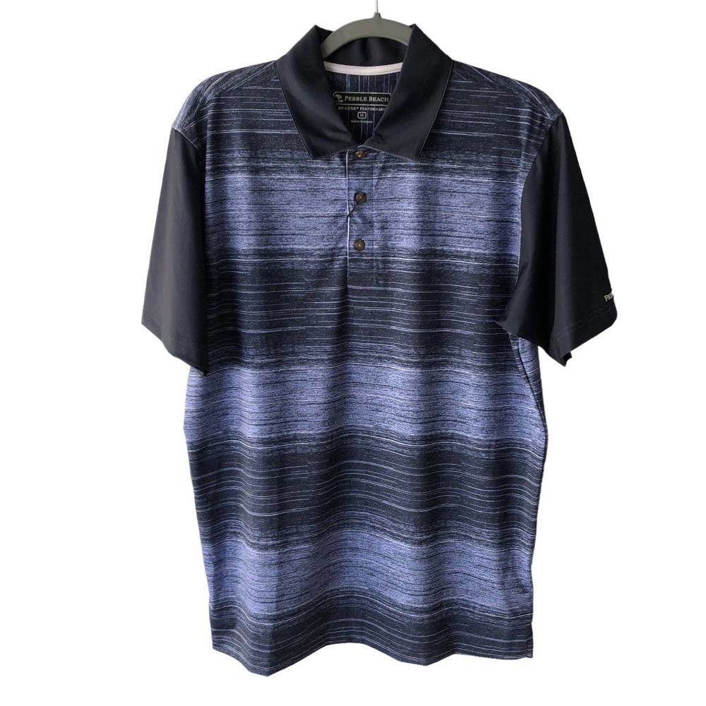 Pebble Beach‎ Polo Shirt Mens Medium Stripe Stretch Short Sleeve Golf Blue
